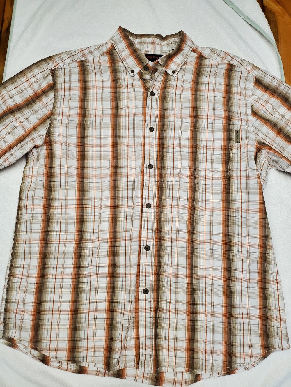 Wolverine Men's XL Plaid Short Sleeve Button Down Shirt Orange Brown 100% Cotton